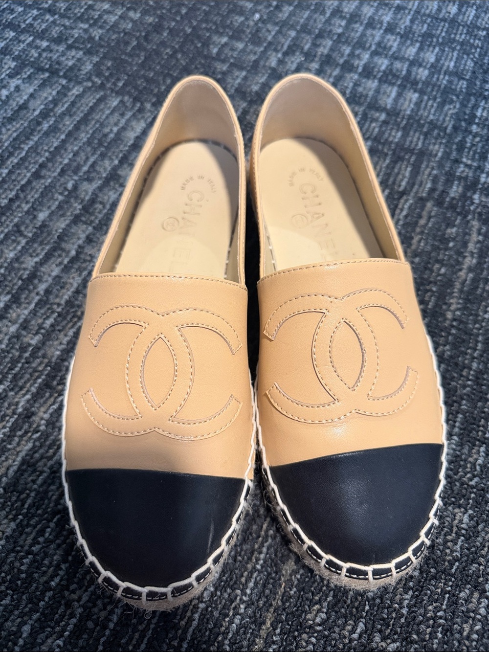 CHANEL Beige and Black Two-Tone Leather Espadrilles